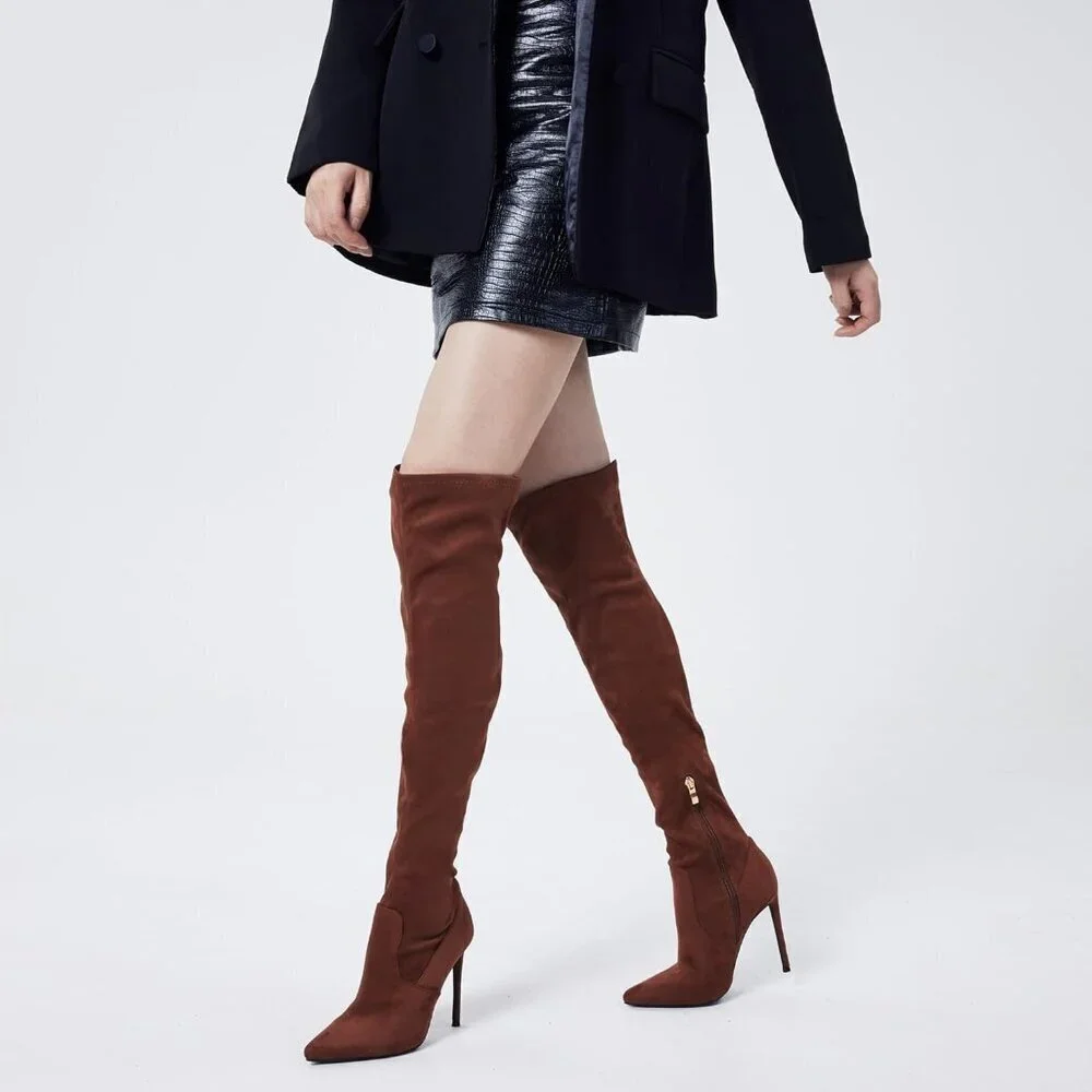 Women Brown Suede Pointed Toe 4.3 inch Stilettos Thigh High Stretch Heels Boots